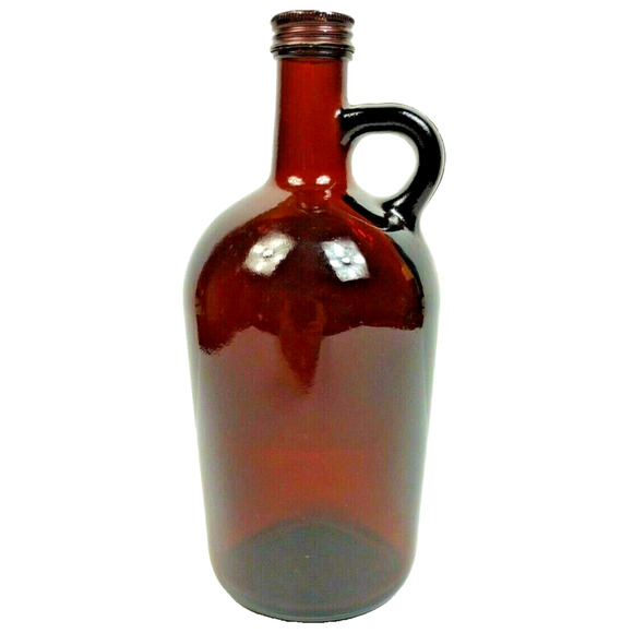 Vintage Quart Amber Glass Jug Finger Loop with Metal Lid Growler Syrup 8.5" - Picture 3 of 7